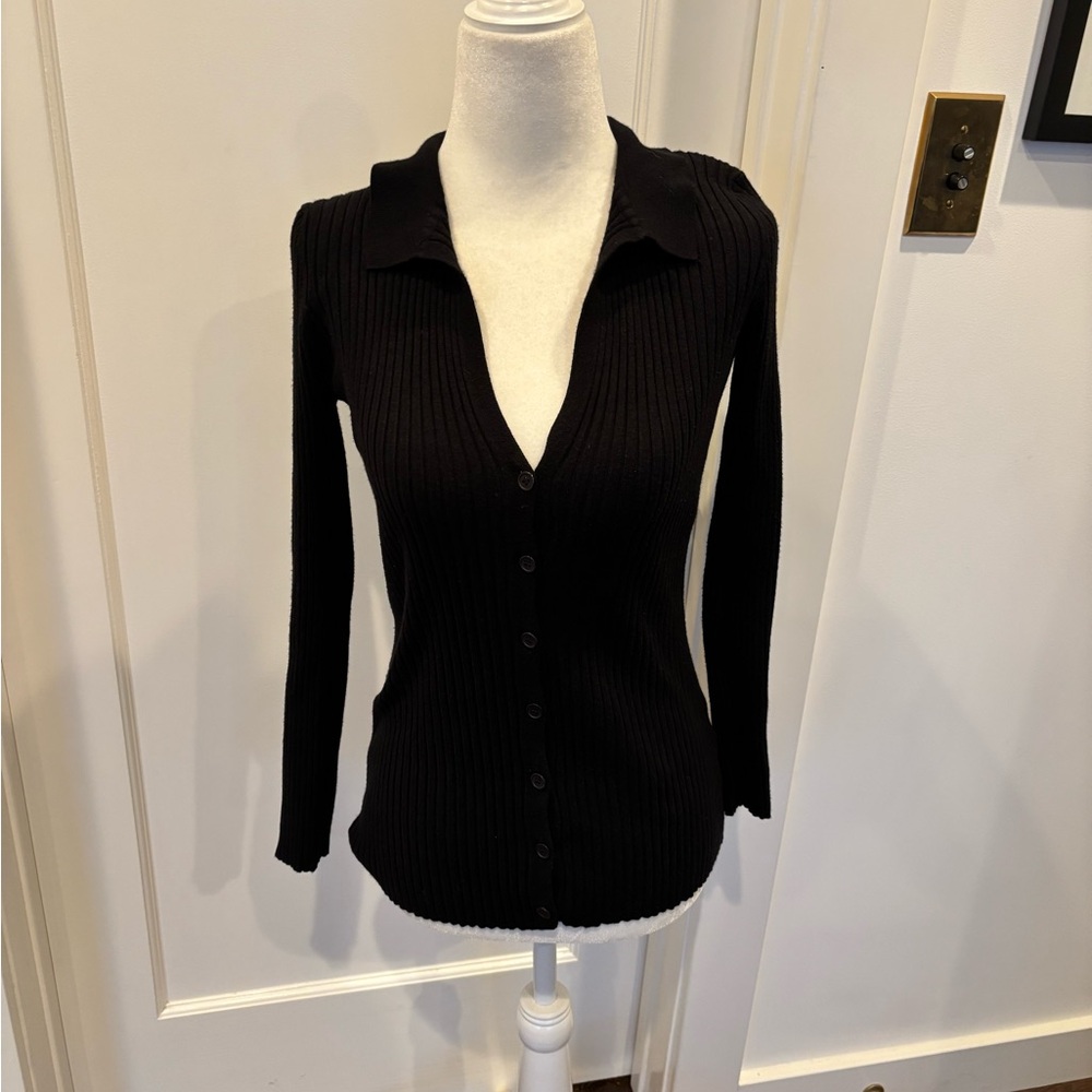 Dissh Black Ribbed Button-Up Collared Cardigan Sz 8 / M